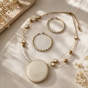 Birch Hill Gold White Enamel Necklace Set Multi Strand + Hoop Earrings
